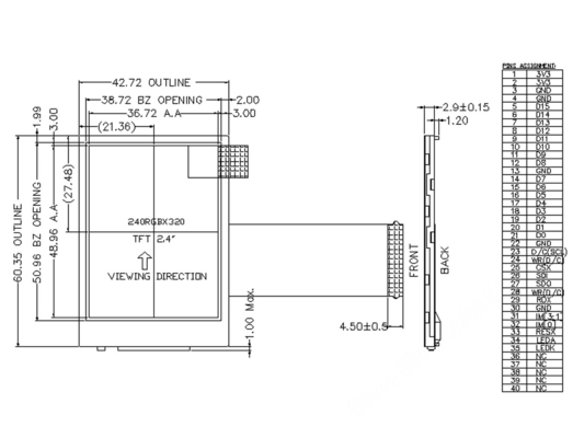 2.4 Inch LCD TFT Display 240x320 Resolution 40 Pins MCU/RGB/SPI Interface 1000cd/M2