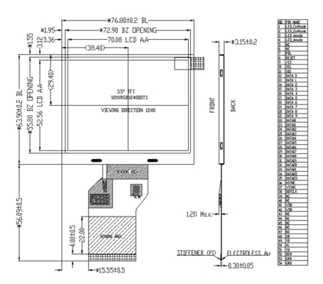 3.5 Inch 900cd/M2 LCD TFT Display,  320x240 Resolution,  54 Pins 24bit RGB Interface