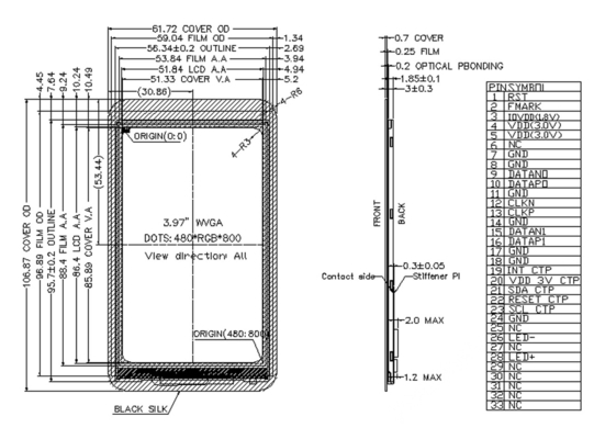 3.97 Inch TFT LCD Touchscreen Display,  700cd/M2 480x800 33 Pins With CTP