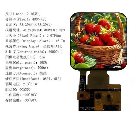 2.16 Inch AMOLED Display Module with 480x480 Resolution 700nit Brightness and QSPI/MIPI Interface